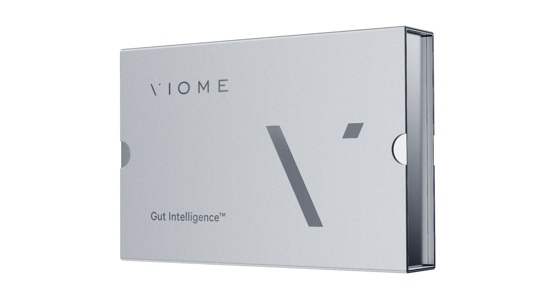 The Viome Gut Intelligence Test: a gut health testing kit packaged in a silver box 