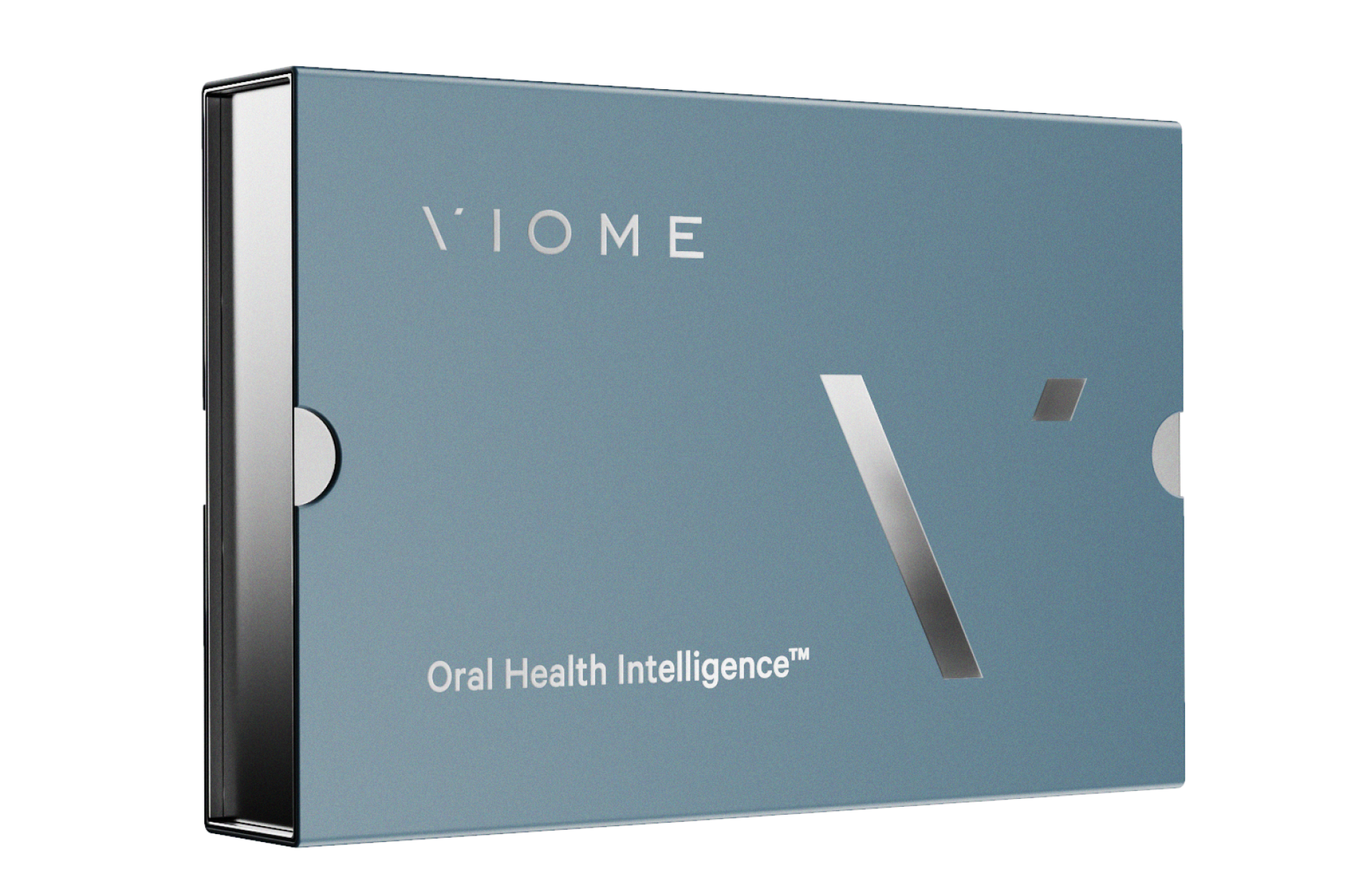 The Viome Oral Health Intelligence Test: an oral microbiome health test packaged in a blue reflective box