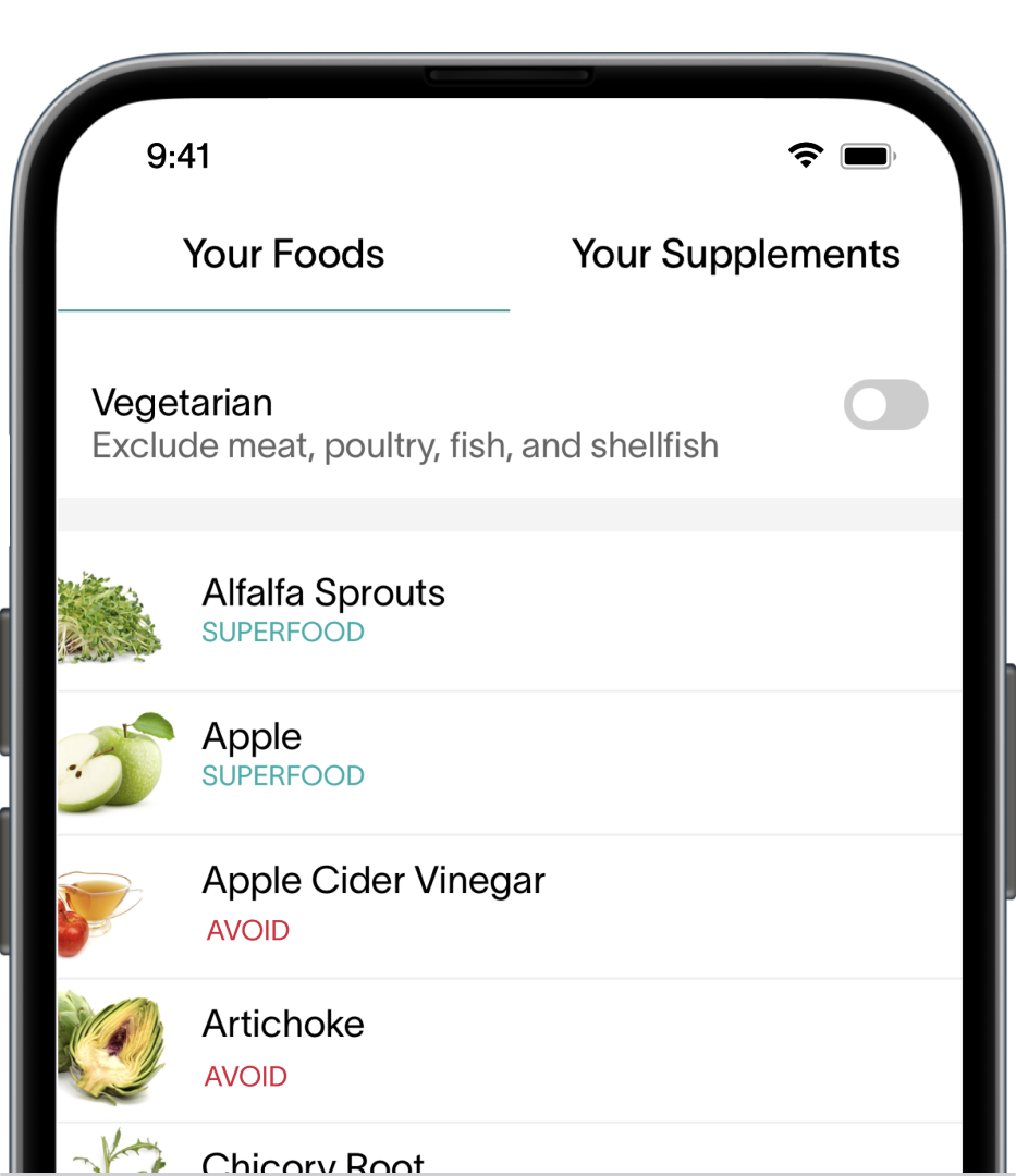 A smartphone screen showing Viome-recommended foods and supplements for a vegetarian diet