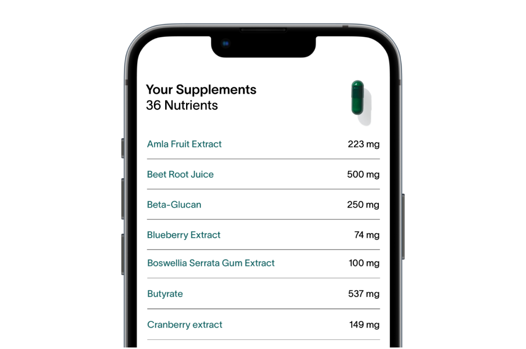 A smartphone screen from the Viome app, showing an example customer’s Supplement recommendations