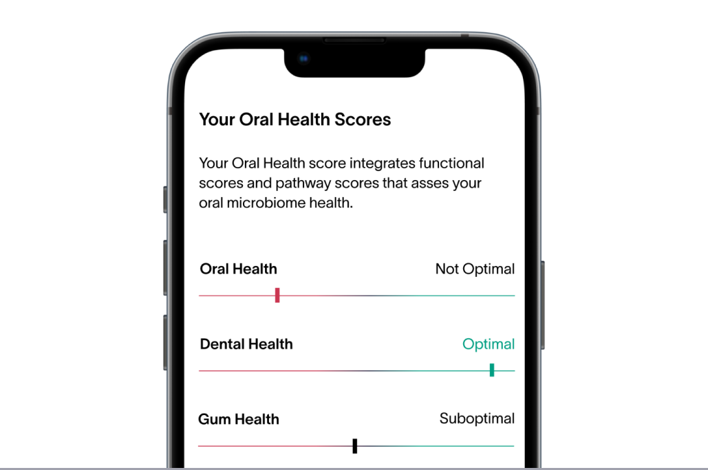 A smartphone screen from the Viome app, showing an example customer’s Oral Health Scores for Oral, Dental, and Gum Health
